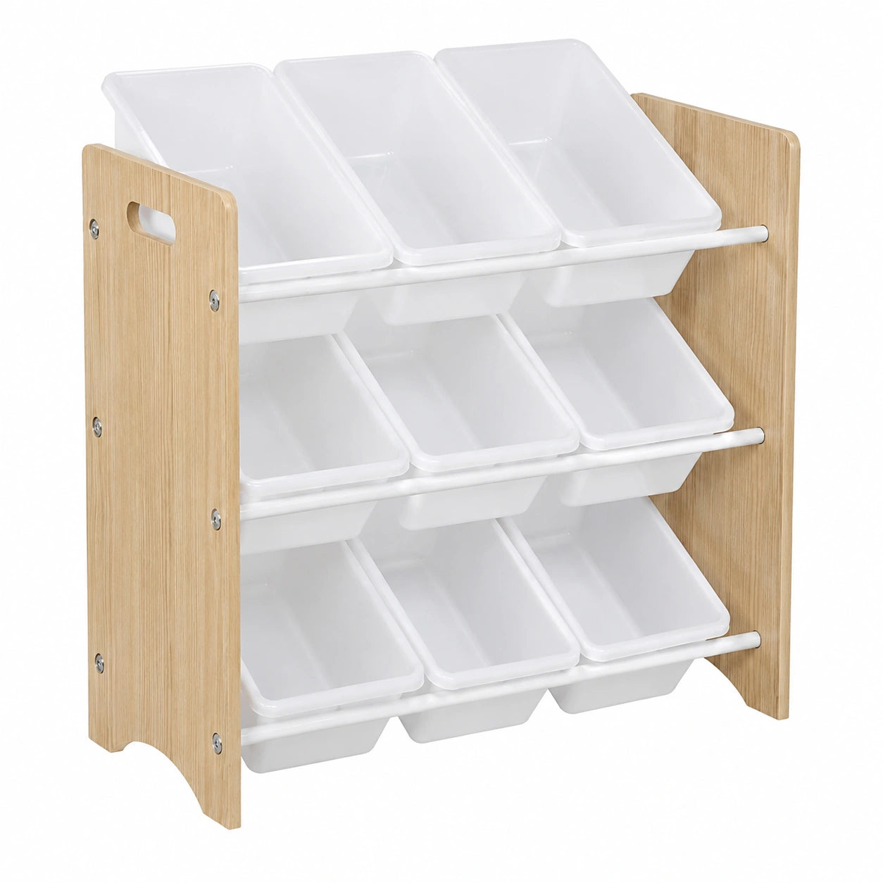 Kinderregal mit 9 Kisten - Naturweißes Massivholz, 64 x 29,5 x 60 cm