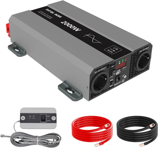 DATOUBOSS Spanningsomvormer 2000W 24V naar 230 V, 4000W Peak, Zuivere Sinus Omvormer met 2 EU-stopcontacten, USB-A en USA-C poorten en LCD-scherm