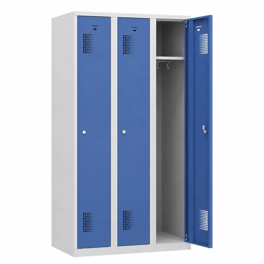 Eurokraft Umkleideschrank mit 3 Fächern, Lichtgrau/Lichtblau, 900 mm Breite, Zylinderschloss
