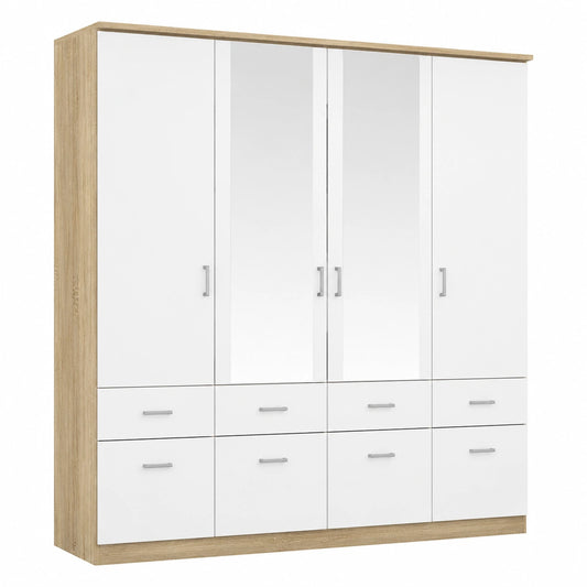 Rauch Möbel Bremen, 4-türiger Schrank mit Spiegel und 8 Schubladen, Weiß/Eiche Sonoma, 181 cm