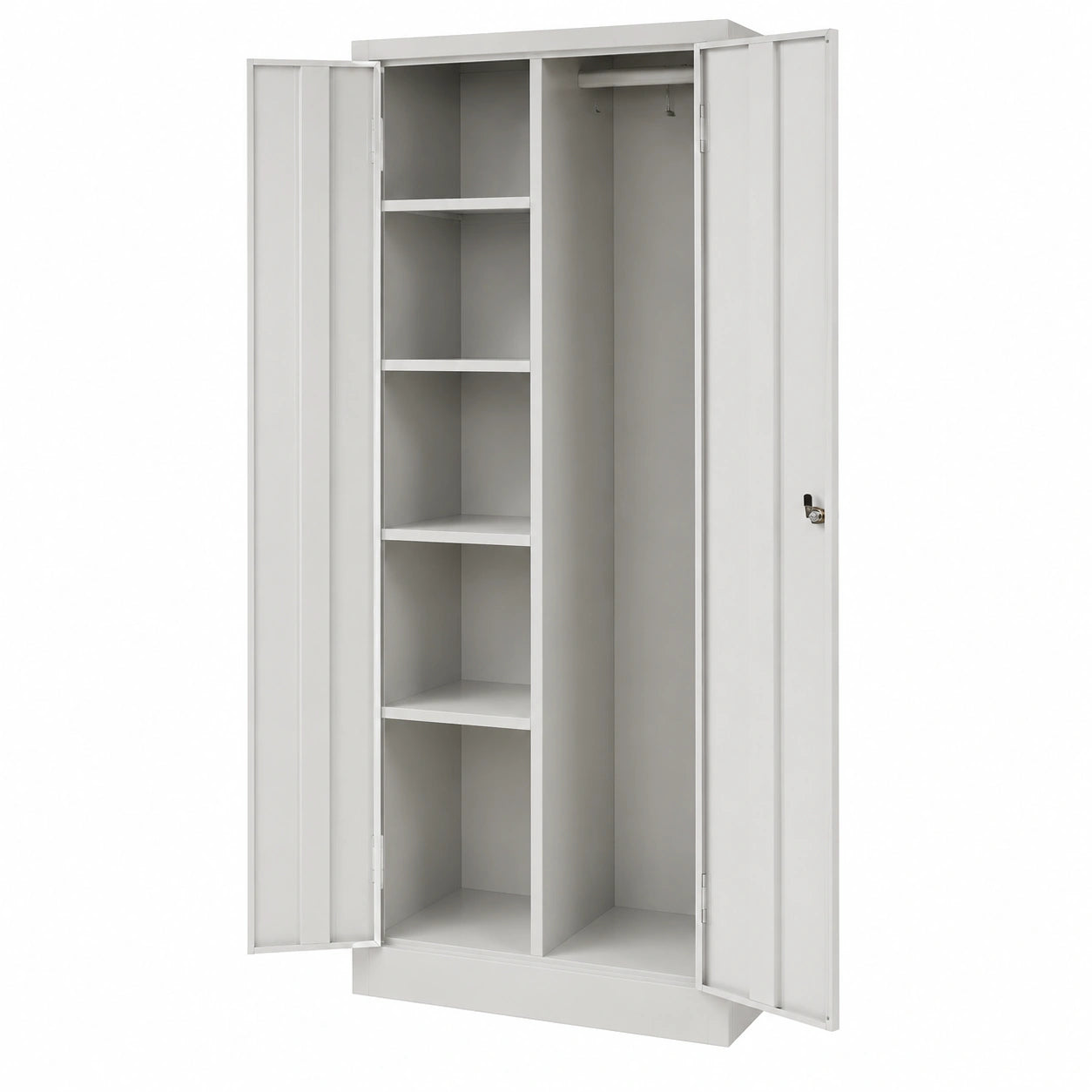 furni24 XXL Stahlschrank für Putzmittel, mit Garderobenstange und Fächern, montiert - Grau, 60x50x180cm