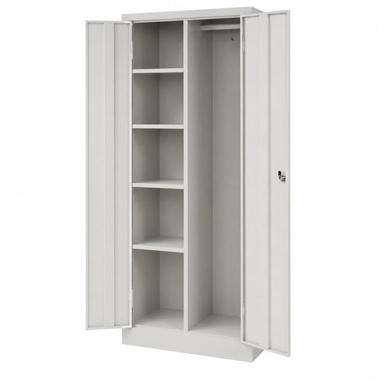 furni24 XXL Stahlschrank für Putzmittel, mit Garderobenstange und Fächern, montiert - Grau, 60x50x180cm
