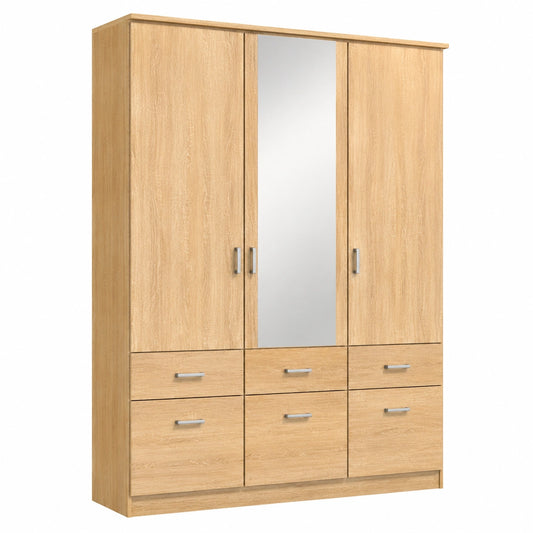 Rauch Möbel Bremen Kleiderschrank, 3-türig mit Spiegel, 6 Schubladen, Eiche Sonoma, Breite 136 cm