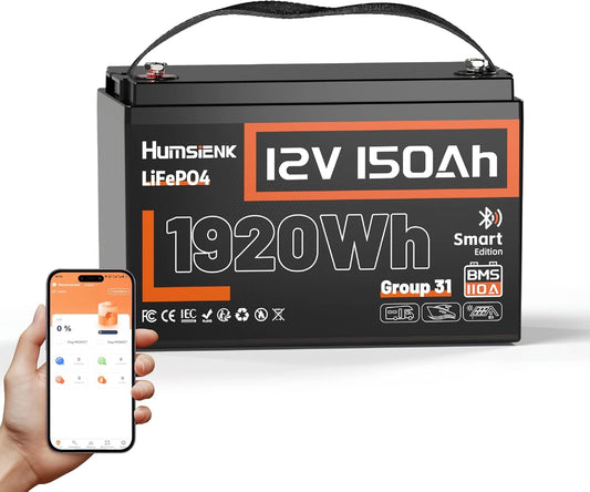 HumsiENK 12V 150Ah LiFePO4 Batterij met Bluetooth, Diepe Cyclus Lithium, Groep 31, Ingebouwd 110A BMS, voor Campers/Boten/Zonnesystemen, zwart