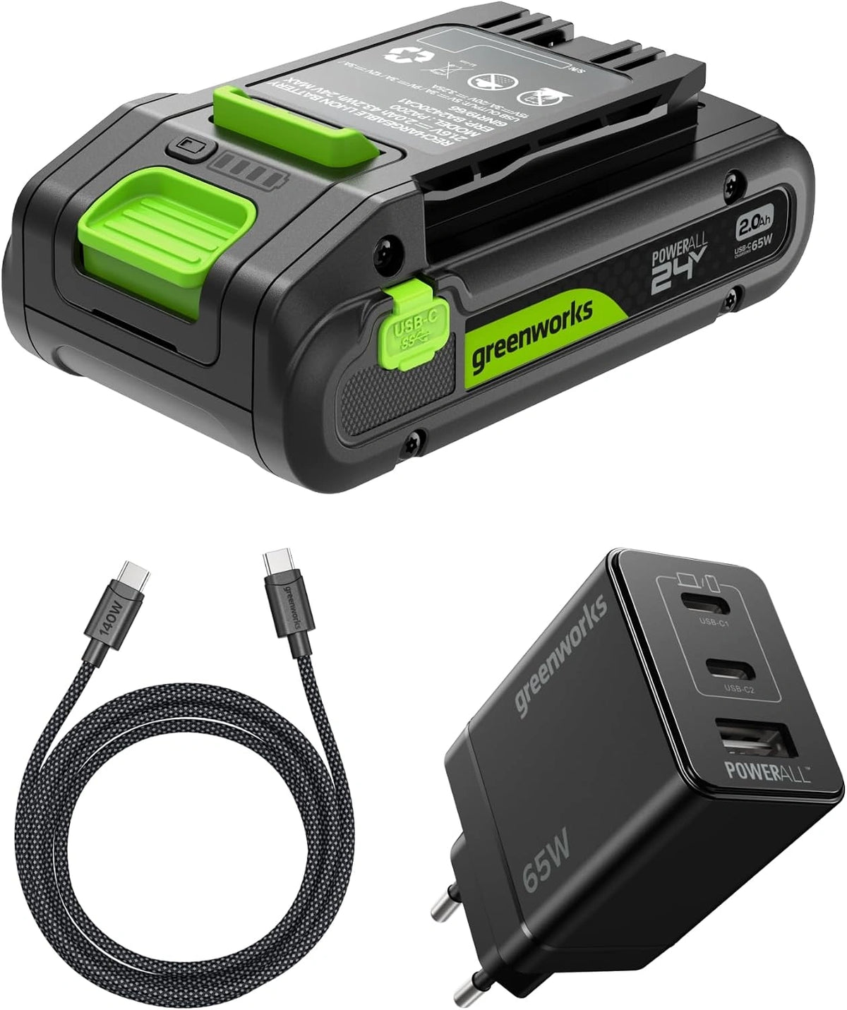 Greenworks 24V 2Ah accu High Power USB-C & 65W USB-C oplader & 100w kabel, Li-Ion 24V 2,0 Ah accu geschikt voor alle 200+ Greenworks 24V apparaten