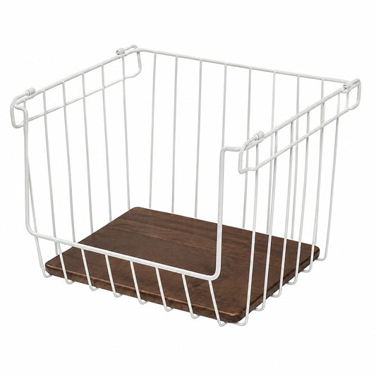 iDesign Offener Metallkorb mit Holzgriffen für Küchenorganisation, weiß/natur