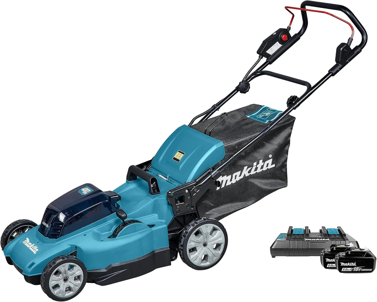 Makita DLM480PT2 Accugrasmaaier, 2 x 18 V / 5,0 Ah, 2 accu's + oplader, petrol, wit