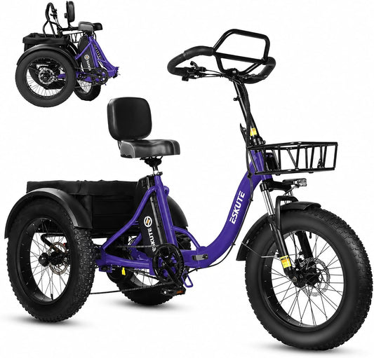 ESKUTE Elektrische driewieler voor volwassenen, T302 Pro, elektrische fatbike 20 × 4,0, inklapbaar met afneembare accu 48 V 20,8 Ah