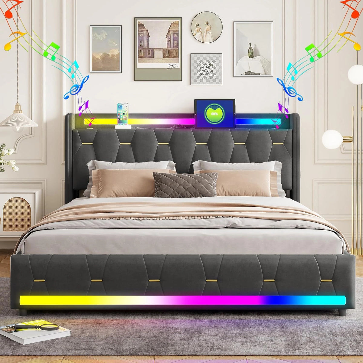 Fluwelen bedframe met LED-verlichting, 160x200cm, grijs